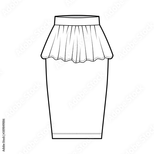 Skirt sheath technical fashion illustration with straight knee silhouette, pencil fullness, thin waistband. Flat bottom template front, white color style. Women, men, unisex CAD mockup