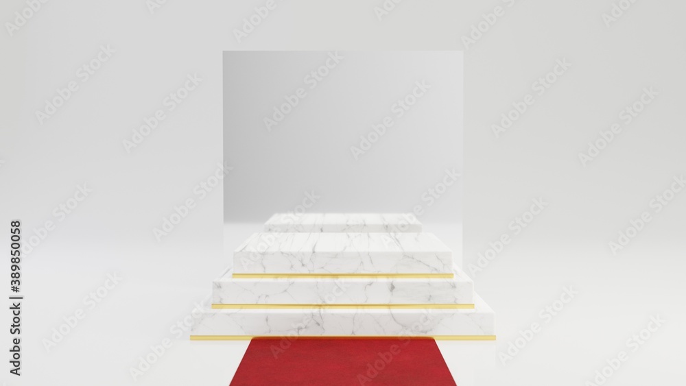 Obraz premium Square marble pedestal steps with gold frame with mirror and red carpet isolated on white background. 3d rendered minimalistic abstract background concept for product placement.