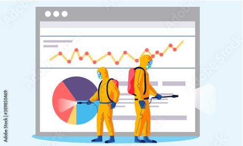 People in a yellow protective suit disinfects the street with a spray gun. Virus pandemic COVID-19. Prevention against Coronavirus disease, sanitization. Disease statistics graphs on the planet