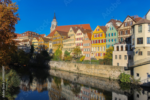 Tubingen view of colorful houses in Neckar riverside.Famous old town in Germany, tourism and travel concept.