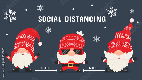 Three lovely Christmas gnomes stand socially spaced. Coronavirus protection ideas at Christmas.