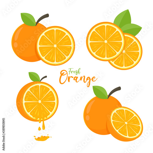 Orange fruit vector set Orange cut in half with green leaves for a healthy juice.