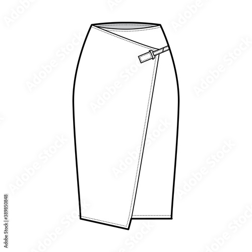 Skirt wrap technical fashion illustration with straight knee silhouette, pencil fullness, close with carabiner connector. Flat bottom template front, white color style. Women, men, unisex CAD mockup