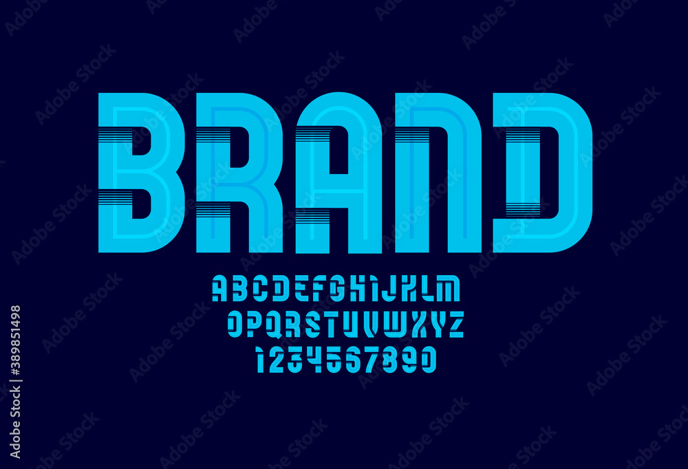 Trendy modern font, blue alphabet with line, letters and numbers, vector illustration 10eps