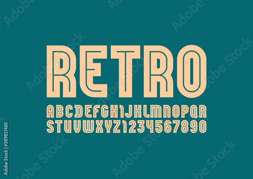 Retro font, trendy striped alphabet, letters and numbers, vector illustration 10eps