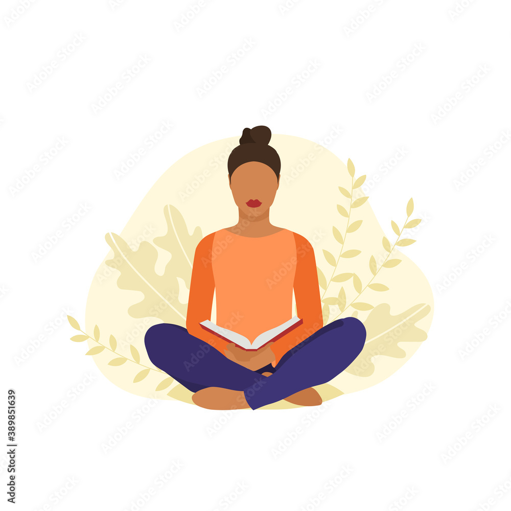 A dark skinned african-american girl with red lips sitting on a pillow surrounded by houseplants and reading a book. Vector illustration isolated on white background A dark skinned african-american girl with red lips sitting on a pillow surrounded by houseplants and reading a book. Vector illustration isolated on white background