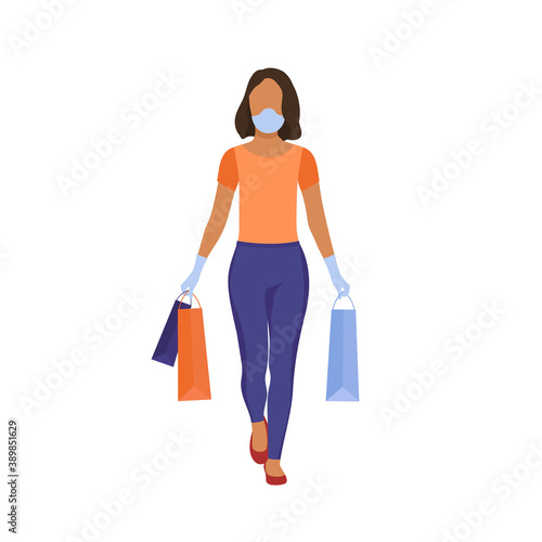 A dark skinned afro-american woman with shopping bags wearing protective face mask and medical gloves. Flat vector illustration isolated on white background