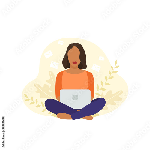 A dark skinned african-american girl sitting on a pillow at home with notebook. Vector illustration isolated on white background © juliabelkina