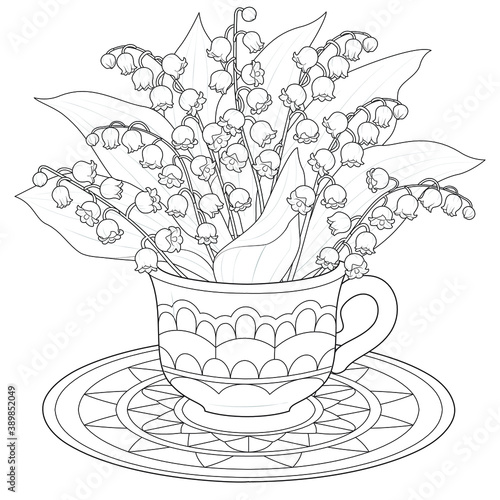 Bouquet of lilies of the valley in a cup black and white illustration for coloring
