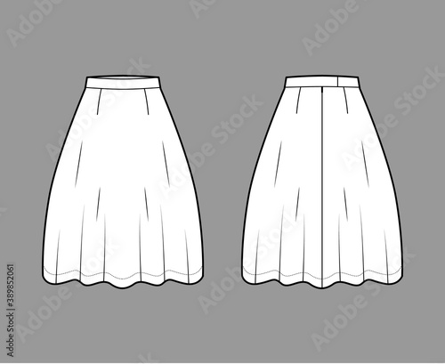 Skirt flared skater technical fashion illustration with below-the-knee silhouette, semi-circular fullness. Flat bottom template front, back, grey color style. Women, men, unisex CAD mockup