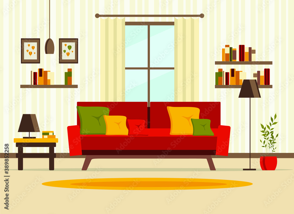 living room interior with furniture, table, window, shelves with books and home flowers, floor lamp. flat cartoon vector illustration