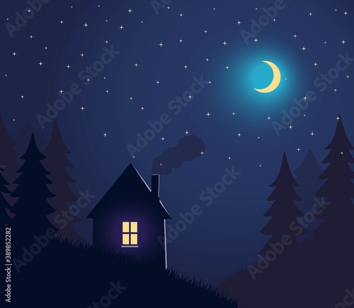 House on the hill. Forest and night sky with stars and moon