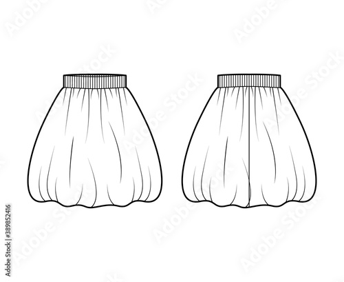 Skirt balloon technical fashion illustration with knee silhouette, semi-circular fullness, thick stretch waistband. Flat bottom template front, back, white color style. Women, men, unisex CAD mockup