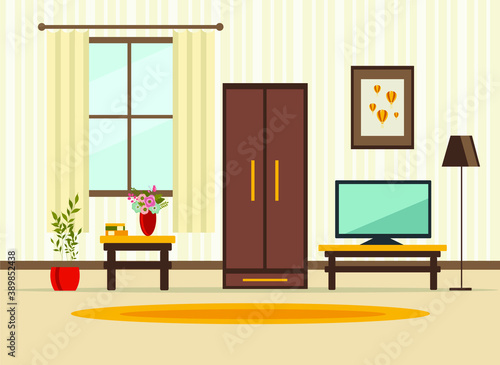 living room interior with furniture, TV, table, window, wardrobe,shelves with books and home flowers, floor lamp. flat cartoon vector illustration