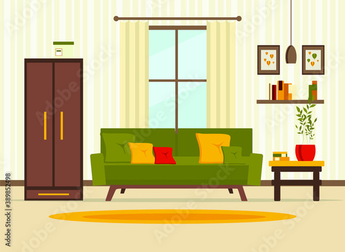 living room interior with furniture, table, window, shelves with books and home flowers, floor lamp. flat cartoon vector illustration