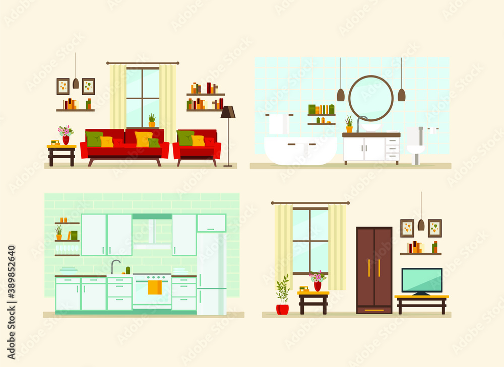 set with interiors, bathroom, kitchen, living room and bedroom, flat vector illustration of rooms with furniture