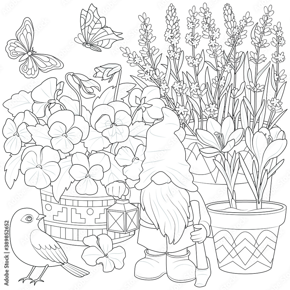 Garden gnome with bird and flowers black and white illustration for coloring
