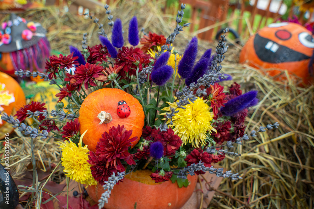 Autumn bouquet with red and blue flowers. Halloween bouquet with pumpkin and flowers.