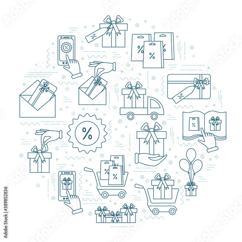 Set of gifts vector line  icons in round frame. Vector illustration. Vector symbol. Vector line icon. Pictogram. Concept of mobile ordering