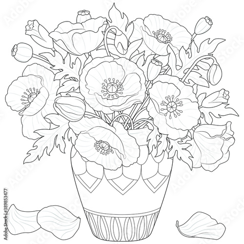 Poppy flowers in a vase black and white vector illustration