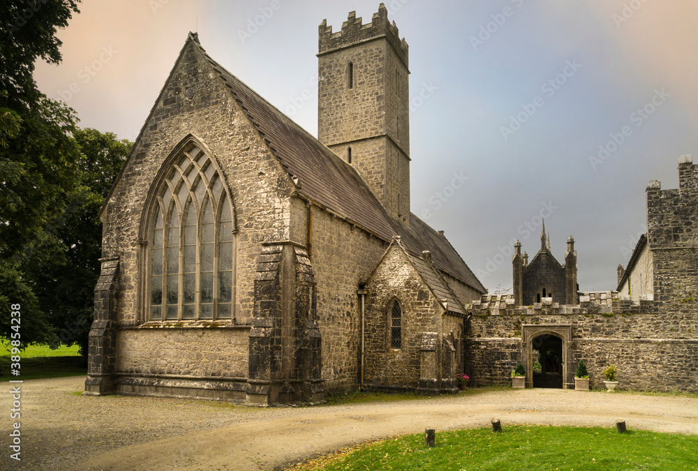 Frontal view at sunset of the Augustinian Abbey near the village of Adare in Ireland.