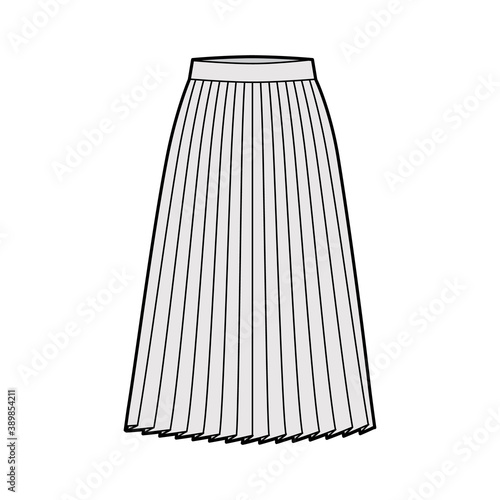 Skirt pleat technical fashion illustration with below-the-knee silhouette, circular fullness, thick waistband. Flat bottom template front, grey color style. Women, men, unisex CAD mockup
