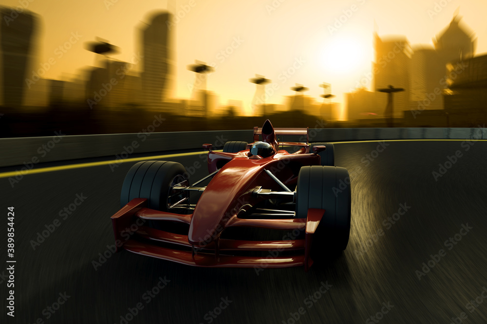 Naklejka premium A racecar speeding in a track with a city background.