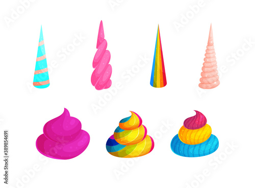 Funny unicorns horns and poops cartoon vector illustrations set. Striped and spiral magic horse horns isolated on white background. Fairy animal excrement of pink and rainbow color