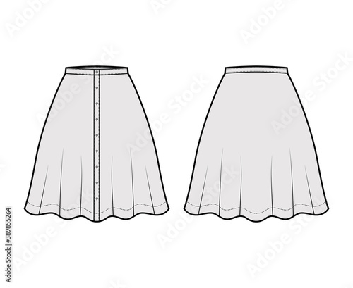 Skirt button down technical fashion illustration with semi-circular knee silhouette fullness. Flat bottom template front, back, grey color style. Women, men, unisex CAD mockup