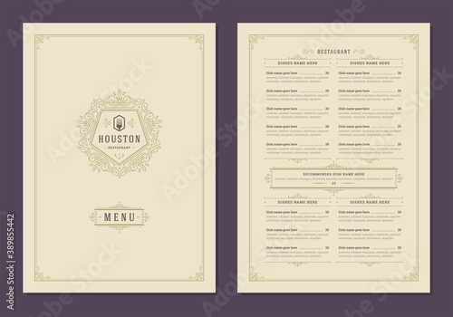 Menu design template with cover and restaurant vintage logo vector brochure.
