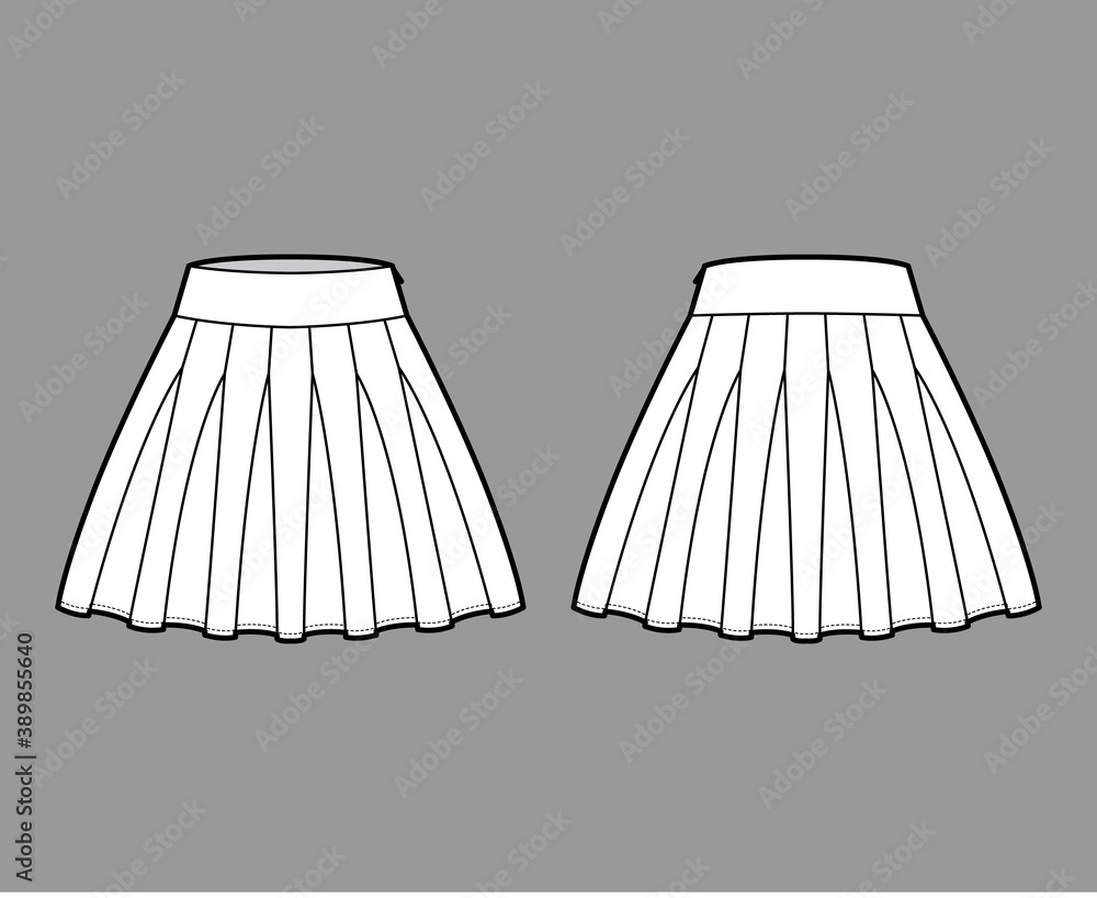 Skirt rah-rah Cheer technical fashion illustration with above-the-knee lengths silhouette, thick waistband. Flat bottom template front, back, white color style. Women, men, unisex CAD mockup