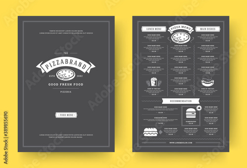 Pizza restaurant menu layout design brochure or food flyer template vector illustration.