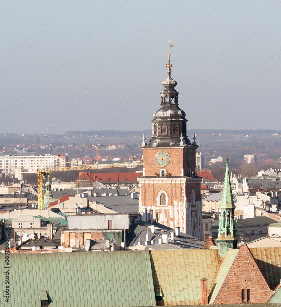 Krakow, Poland - February 17, 2019:  Tower of the church of St. Mary in Krakow seen from the window of the zygmunt bell