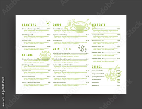 Vegetarian restaurant menu layout design brochure or food flyer template vector illustration.