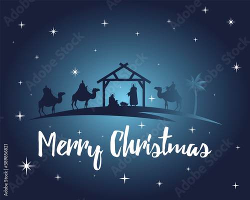 happy merry christmas lettering with holy family in stable and kings silhouette