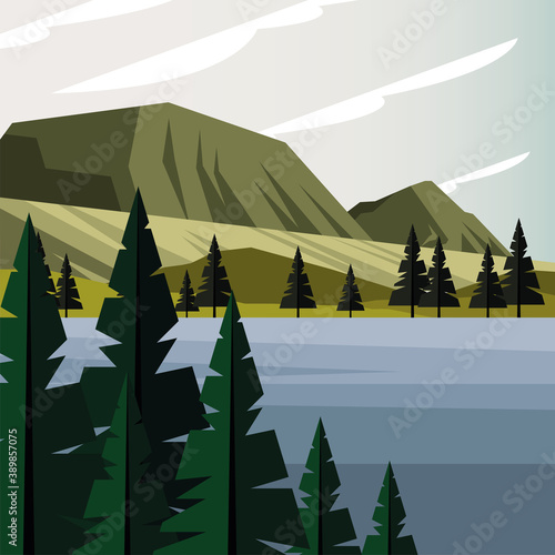 beautiful landcape scene with forest and lake