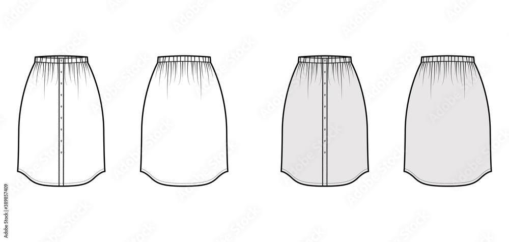 Skirt button down dirndl technical fashion illustration with straight knee silhouette, pencil fullness. Flat bottom template front, back, white grey color style. Women, men, unisex CAD mockup
