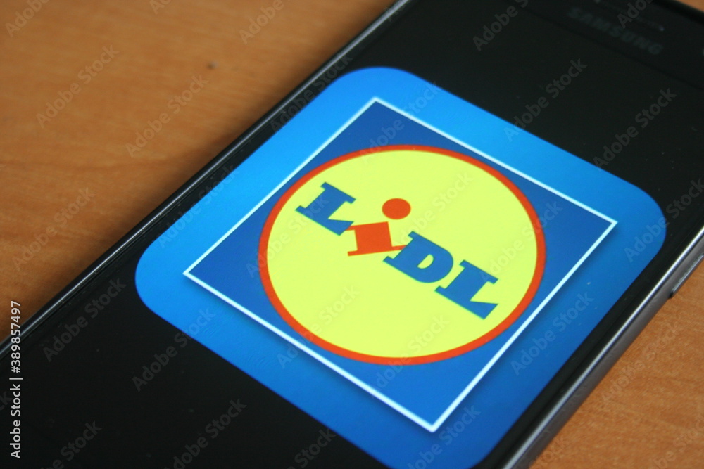 Lidl logo app on Samsung phone screen on cicra September 2019 in Krakow