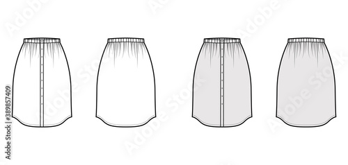 Skirt button down dirndl technical fashion illustration with straight knee silhouette, pencil fullness. Flat bottom template front, back, white grey color style. Women, men, unisex CAD mockup