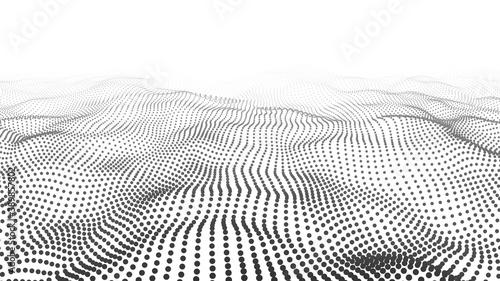 Abstract white wave with moving dots. Flow of particles. Vector cyber technology illustration.