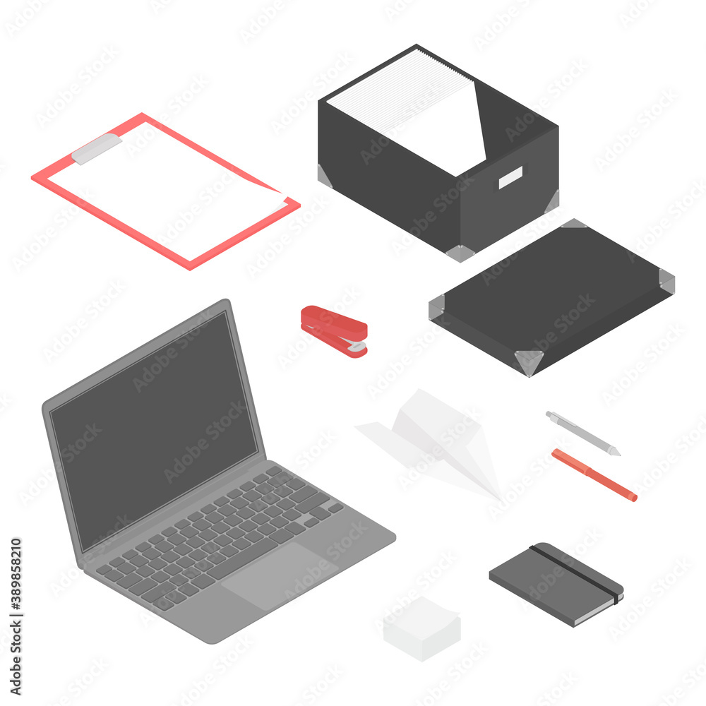 Office supplies set with laptop. Isometric vector illustration in flat design. Working from home, office, doing homework, school.