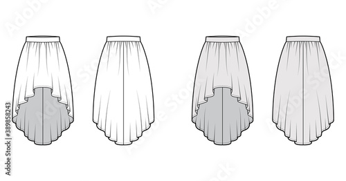 Skirt high low technical fashion illustration with knee-ancle silhouette, semi-circular fullness, thick waistband. Flat bottom template front, back, white grey color style. Women men unisex CAD mockup