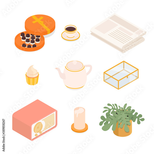 Tea set with newspaper. Isometric vector illustration in flat design.