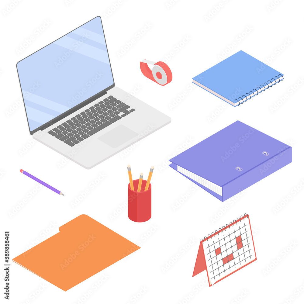 Office supplies set with laptop. Isometric vector illustration in flat design. Working from home, office, doing homework, school.