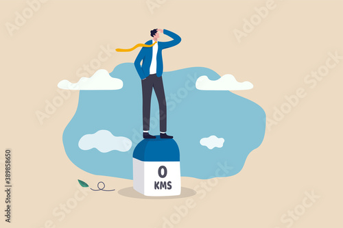Business milestones road map, start new business, vision or career path and future responsibility concept, confidence businessman standing with visionary to the future on starting road milestones.