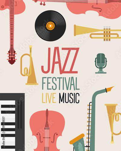 jazz festival poster with instruments and lettering