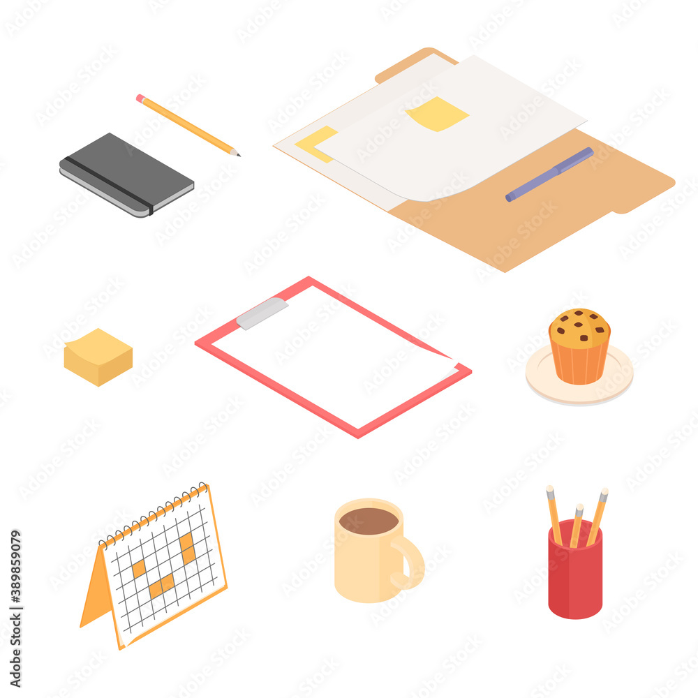 Stationery set. Isometric vector illustration in flat design. Working from home, office, doing homework, home school. Stationery set. Isometric vector illustration in flat design. Working from home, office, doing homework, home school.