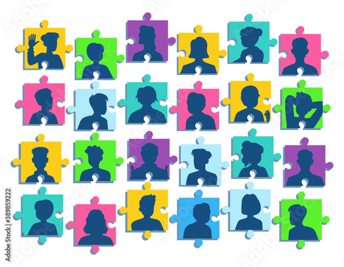 Silhouette people portraits on puzzle pieces jigsaw. People portraits on colored colorful puzzle concept.