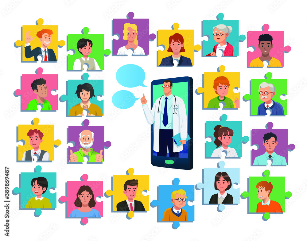 Collage of people portraits mixed ages and a doctor image on smartphone screen. Collage of people portraits mixed ages and a doctor image on smartphone screen.