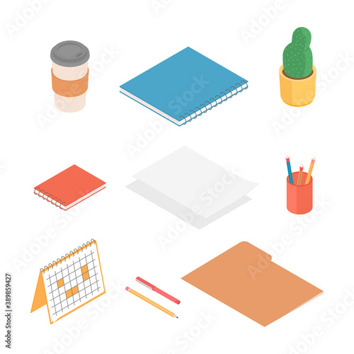 Stationery set. Isometric vector illustration in flat design.
Working from home, office, doing homework.